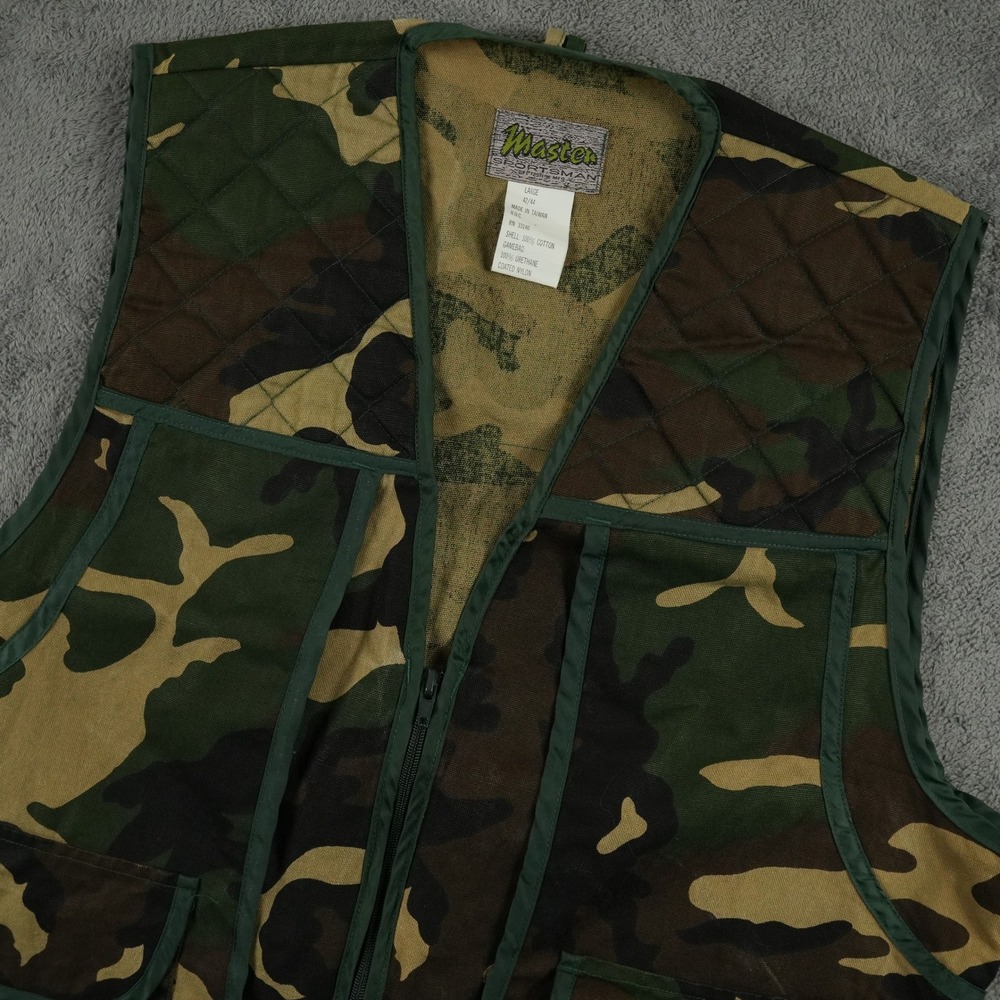 VTG Master Sportsman Hunting Vest Mens Large Camo Quilted Shoulder Game Bag Zip